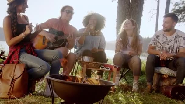 Vonzó multiraciális csoport fiatal barátok gitározni körül égő tábortűz az erdőben ital és taps zenei kaland az erdőben romantikus zenei menekülés koncepció lassított felvétel piros epikus — Stock videók