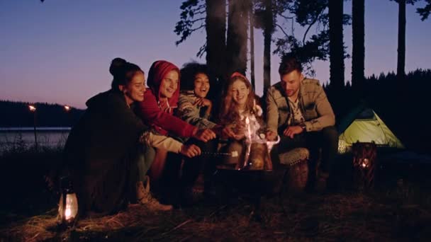 Různorodá skupina atraktivních mladých lidí kolem hořící táborák v lese pití horkých nápojů a usmívající se turistika životní styl šťastný piknik party v přírodě koncepce pomalý pohyb výstřel na červené epické — Stock video