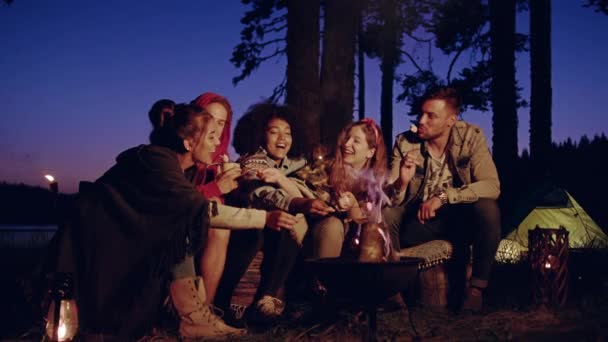 Různorodá skupina mladých mužů a žen sedících kolem Bonfire v soumraku v lese jíst marshmallows smích a žertování turistika životní styl romantický útěk koncepce pomalý pohyb výstřel na červenou Epic W 8k — Stock video