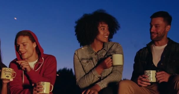 Ormanın karanlığında şenlik ateşinin etrafında oturan bir grup genç erkek ve kadın çay içip eğleniyorlar. Doğada mutlu piknik partileri, doğa konseptinde yavaş çekim, kırmızı destansı 8K üzerinde.. — Stok video