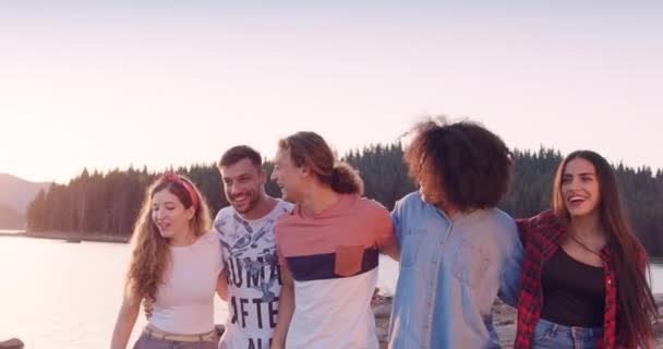 Diverse group of attractive young people embrace and laugh while walk on lake shore jump friendship as lifestyle picnic party in nature concept slow motion shot on red epic w 8k. — Stock Video