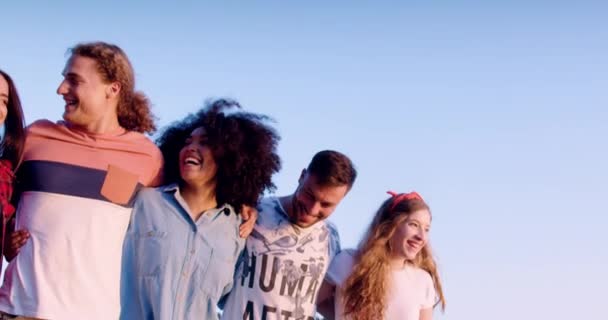 Szczęśliwa młoda grupa przyjaciół zwiedzanie przyrody jezioro brzegu porozmawiać wakacje w przyrodzie piknik party w koncepcji przyrody slow motion shot na czerwonym epic w 8k. — Wideo stockowe