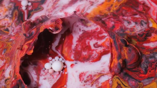 Universe of Color Concept Barstende Bubble Slow Motion Rood Wit Zwart en Oranje Vloeibare Verf Veelkleurige Achtergrond Biologisch Concept Olie Oppervlak Artistiek Abstracte Patroon 4K — Stockvideo