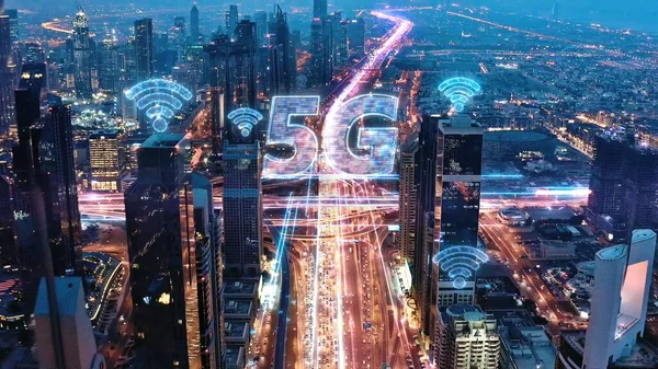 5G Wifi Network Panoramic Skyline Of Metropolitan City Aerial Flight After Sunset Futuristic Technology Ai 5g Network Low Light