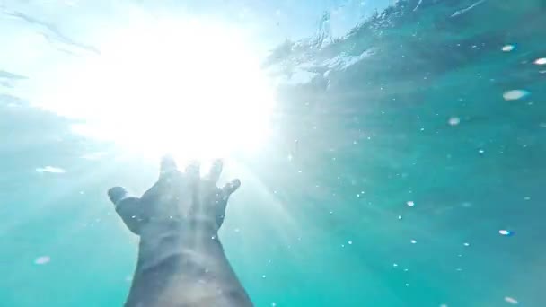 Savior Rescuer Salvation Hand Man Drowning Saved By Lifeguard Underwater Sun Shining Rescue New Hope Second Chance Concept Gopro HD — Stock Video