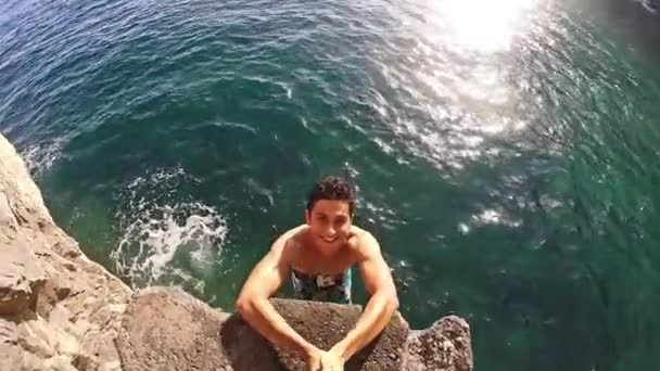 Happy Joyful Active Fit Young Man Jumping Into Ocean Fun Face Swimmer Leisure Time Hobby Freedom Gopro Slow Motion HD — Stock Video