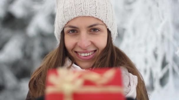 Hezká mladá žena držící vánoční současné Box zimní přírodě — Stock video