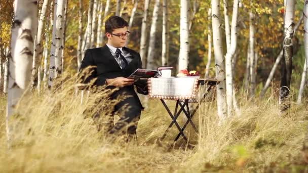 Businessman Reading in nature — Stock Video