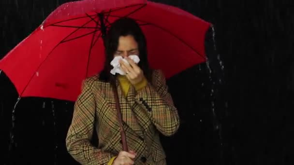 Sick Woman Holding Umbrella Nose Symptoms — Stock Video