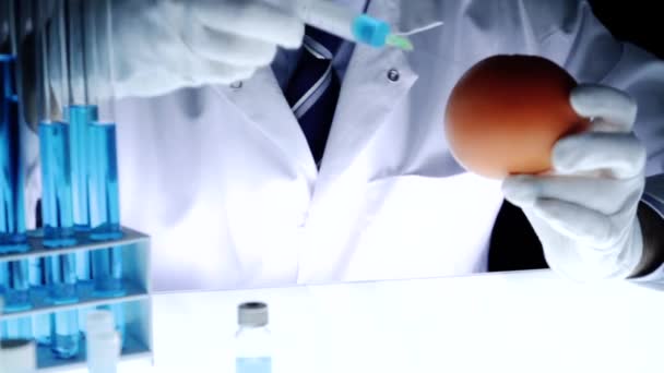 Científico del laboratorio médico inyectando investigación genética de la fruta — Vídeo de stock