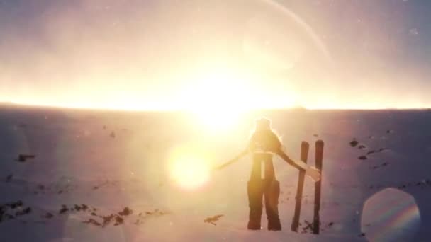 Winter Praise Worship Pose Woman Enjoying Mountain Beauty — Stock Video