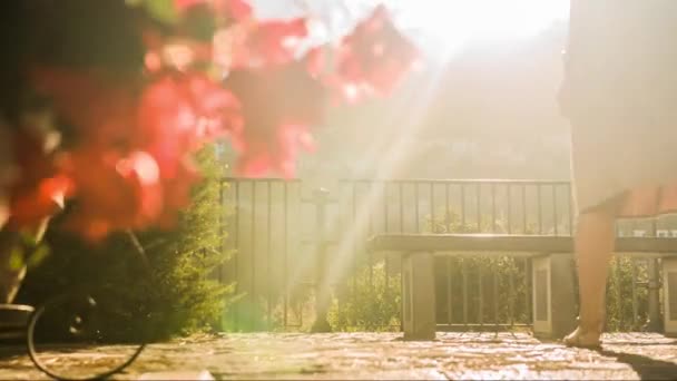 Vacances romantiques Escapade Jeune Couple Assis Fleurs Jardin Soleil Été Lentille Flare Nature Amitié Coucher de soleil Joie Bonheur HD — Video