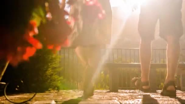 Romance Love Romântico Casal Homem Mulher Férias Viagem Europa Flor Jardim Sentado Silhueta Pôr-do-sol Lente Flare HD — Vídeo de Stock