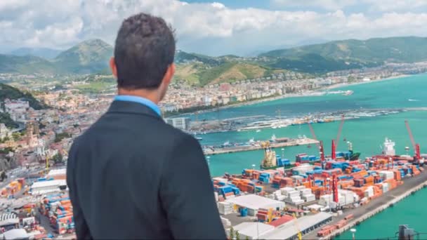 Knappe jonge succesvolle zakelijke man kijken naar Port Shipping Management import export International deal logistiek Cargo expert vertrouwen UHD — Stockvideo