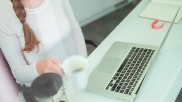 Attraktiv junge Frauen arbeiten Form zu Hause schlürfen Kaffee Entspannung Stück Unabhängigkeit internet gelegenheit web-entwicklung anwendung unterstützen es management manager unternehmerin projekt — Stockvideo