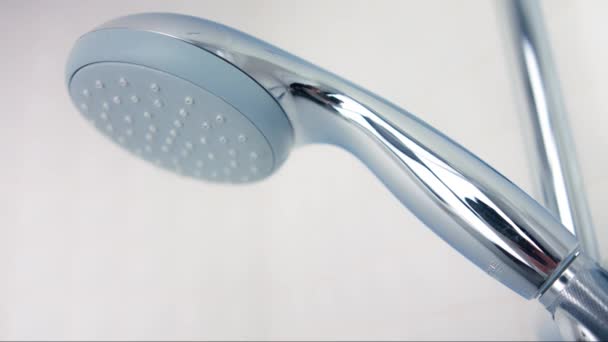 Shower Water Running Bathroom Hygiene Wet Bath Spray Flowing Clean Jet Splash Fresh Blue Cold Liquid Refreshing Head Flow Stream Background Drops Hot Nozzle Close-Up — Stockvideo