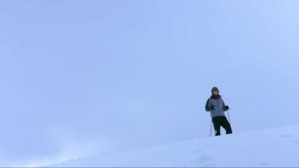 Man celebrating success on mountain — Stock Video