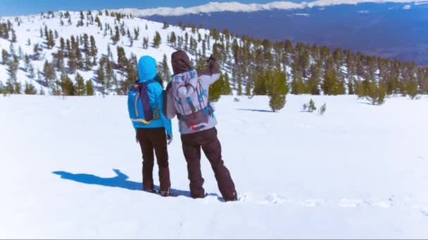 Schnee Winter Sport Erfolg Frau Motivation Mann hoch fünf gesund im Freien Lebensstil schön Wandern Abenteuer Reisen Trekking Wanderer aktiv Menschen Himmel Berg Outdoor Extrem Bergsteigen Höhenlandschaft Kalt Eis Wanderung Klettern — Stockvideo