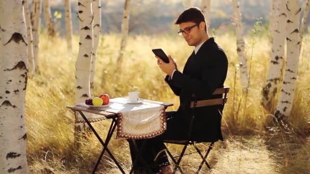 Homem de negócios usando pc na natureza — Vídeo de Stock