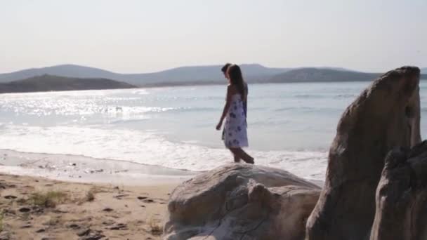 Пара прогулок вдоль берега моря — стоковое видео