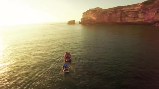 Aerial view on travelers by boat — Stock Video