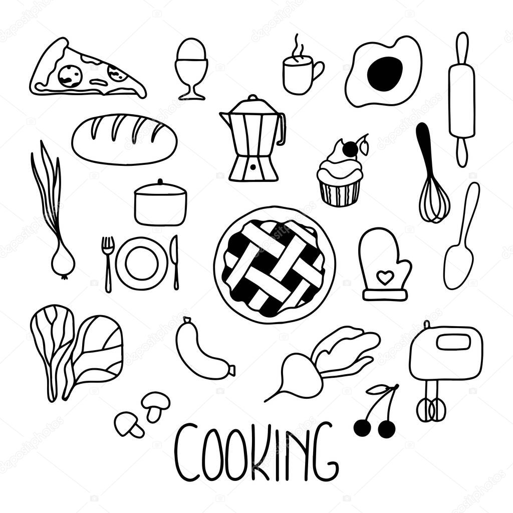 Cooking icons with lettering. Hand draw vector line illustration. The set consists of various kitchen utensils and foods such as cake, slice of pizza, vegetables, bread, coffee, pot, plate and more.