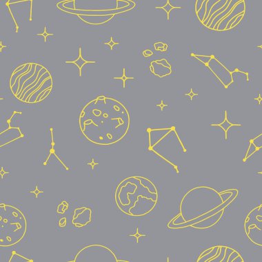 2021 renklerine sahip kusursuz arkaplan (Nihai Gri + Aydınlatma). Tasarımınız için trend arka planı. Uzay simgeleri, gezegenler ve takımyıldızlarıyla süslenmiş..