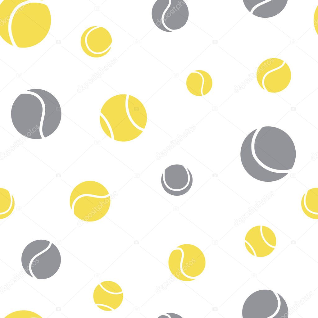 Tennis balls seamless pattern with 2021 colors (Ultimate Gray + Illuminating). Trend background for your design. Sport background design. Hand draw illustration.