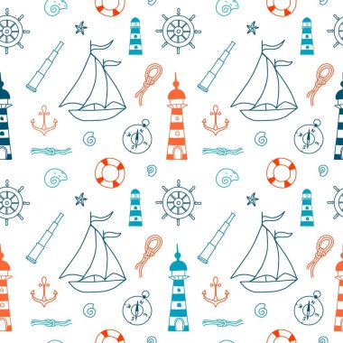Denizci temasının kusursuz deseni. El çizimi vektör çizgisi çizimi. Set deniz fenerleri, deniz düğümleri, pusula, dürbün, çapa, dümen, can simidi, gemi ve mermilerden oluşuyor..