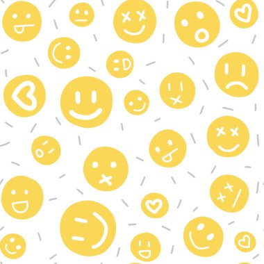 17 Haziran 'daki Dünya Emoji Günü temasında kusursuz desen. Farklı ruh halleriyle süslenmiş, elle çizilmiş yüzler..