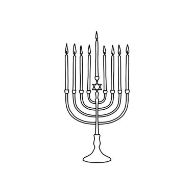 Ana hatlarıyla Hanuka menorah ikonu, karalama, siyah beyaz çizim. Vektör Stoğu illüstrasyonu.