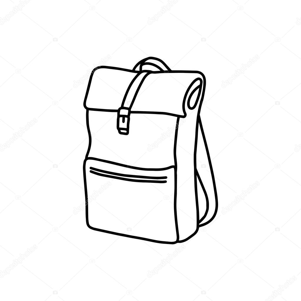 Outline backpack icon, doodle, black and white illustration. Vector Stock illustration.