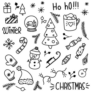 Noel siyah beyaz seti. Hediyeler, kar taneleri, eldivenler, şapka, Noel ağacı, kar kabarcığı, kızak, kardan adam, çelenk, şeker, lokum, oyuncak, böğürtlen dolu bir fincan kakao...