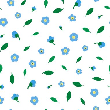 Unutma-beni-değil (Myosotis arvensis) ile çiçeksiz desen. Basit sevimli çiçek desenleri Küçük mavi çiçekler ve yapraklar.