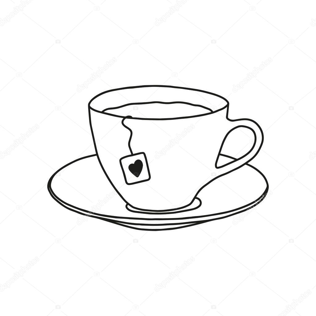 A cup of tea icon. Line drawing, isolated on white background.