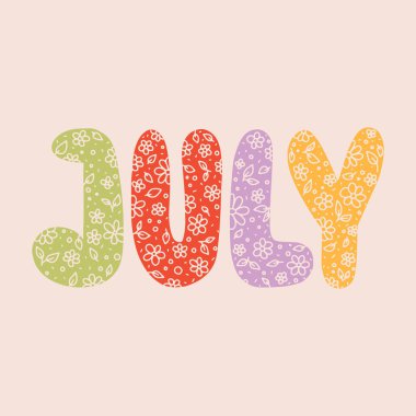 Yazıt JULY, el yapımı yapraklarla süslenmiş. Yaz illüstrasyonu, davetiyeler, posterler, akarsular ve dekorlar için mükemmel..