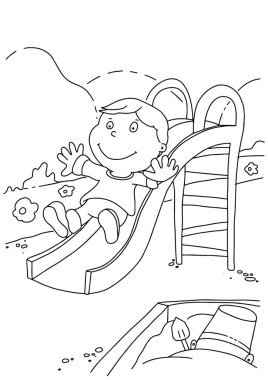 Çocuk için boyama kitabı sayfası. Çocuk avluda oynuyor. Rahatlama ve meditasyon için tasarım, beyaz arkaplanda izole edilmiş vektör çizimi.