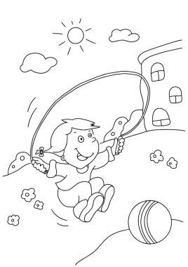 Çocuk için boyama kitabı sayfası. İp atlayan kız. Rahatlama ve meditasyon için tasarım, beyaz arkaplanda izole edilmiş vektör çizimi.