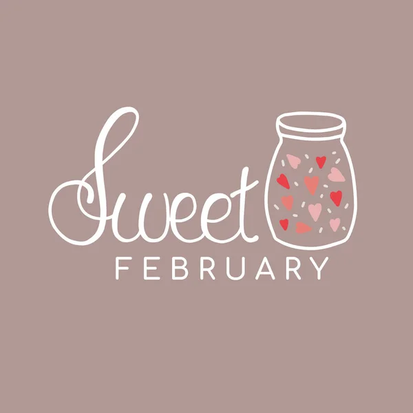 Zoete February Belettering Met Een Pot Vol Harten Perfect Voor — Stockvector