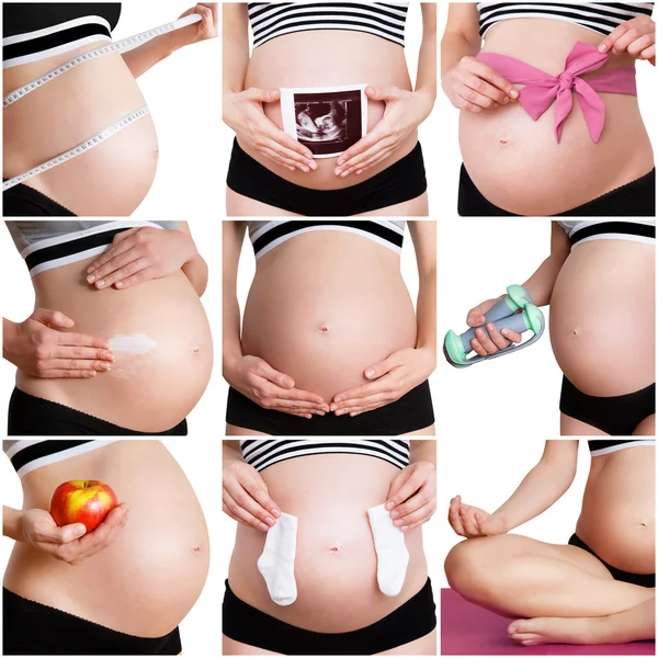 Collage av en hälsosam graviditet på vit bakgrund — Stockfoto