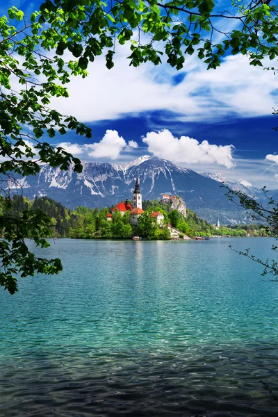 Bled Gölü üzerinde şaşırtıcı görünümü. Bahar ya da yaz Slovenya.
