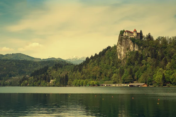 Bled Gölü üzerinde şaşırtıcı görünümü. Bahar ya da yaz Slovenya. — Stok fotoğraf