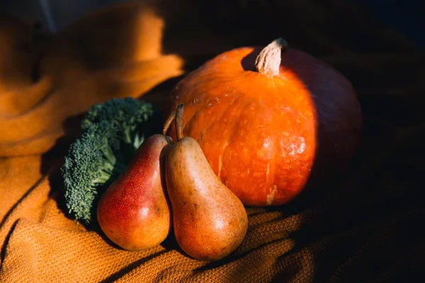 Stillleben mit Kürbis und herbstlichem Gemüse und Obst der Saison. Hintergrund Herbst. — Stockfoto