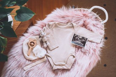 Bebek değiştirme sepetinde ultrason görüntüsü, bebek tulumu, yumuşak ve tahta oyuncaklar. Hala çocuk ürünleri üretiyor. Yeni doğan geçmişi. Bebek partisinin minimalist tarzı fotoğrafçılığı, hamilelik duyurusu.