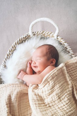 Beyaz kürk arka planda battaniyeye sarılı sepetin içinde uyuyan bebek. Bir haftalık yeni doğan çocuğun portresi.