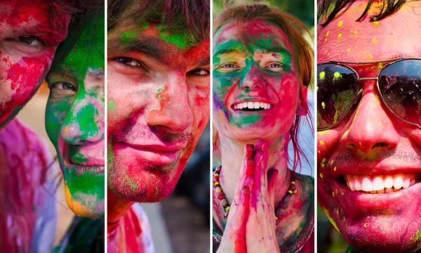 Colaj Holi. Oamenii sărbătoresc festivalul Holi — Fotografie, imagine de stoc