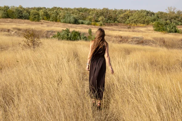 Schöne Junge Dunkelhaarige Frau Schwarzem Kleid Betritt Das Feld Hübsches — Stockfoto