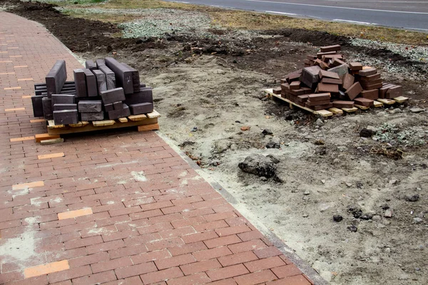 Trabajos Reparación Colocación Losas Pavimentación Ciudad Ucrania Otoño — Foto de Stock