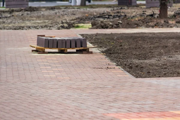 Trabajos Reparación Colocación Losas Pavimentación Ciudad Ucrania Otoño — Foto de Stock