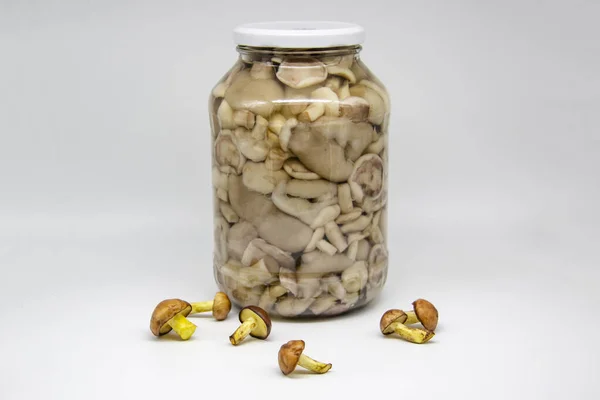 一罐泡菜奶油蘑菇 里面有蘑菇的罐子 — 图库照片